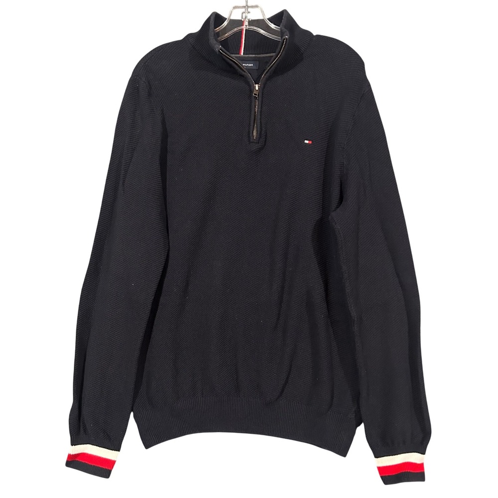 Tommy Hilfiger Mens Navy Blue Quarter Zip Textured Cotton Sweater Large L